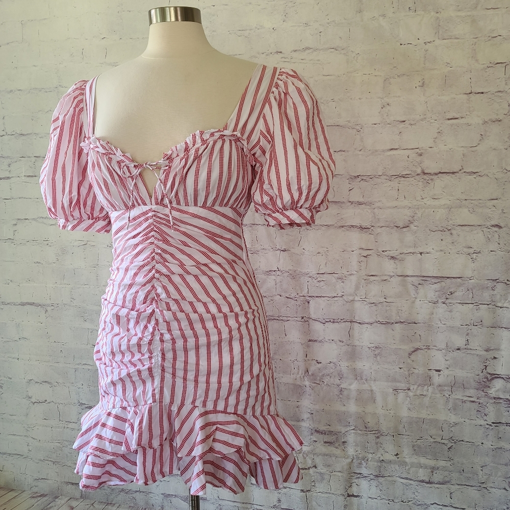 Jonathan Simkhai Striped Puff Sleeve Ruffle Mini Dress White Red 8